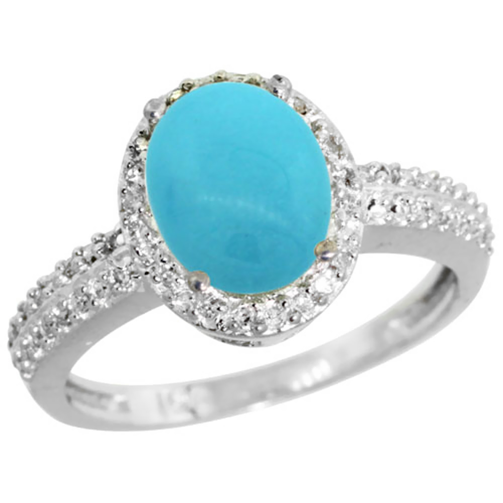 10K White Gold Diamond Natural Sleeping Beauty Turquoise Ring Oval 9x7mm, sizes 5-10