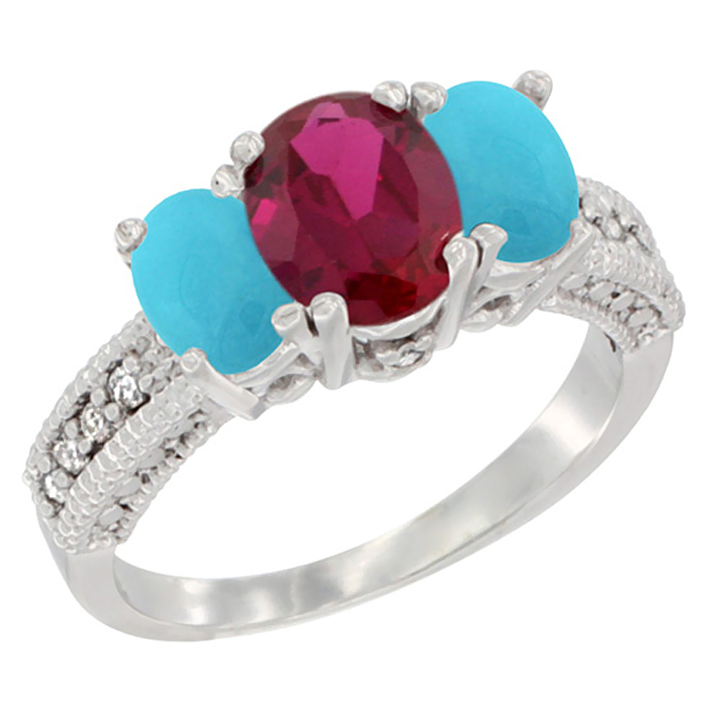 10K White Gold Diamond Quality Ruby 7x5mm &amp; 6x4mm Turquoise Oval 3-stone Mothers Ring,size 5 - 10