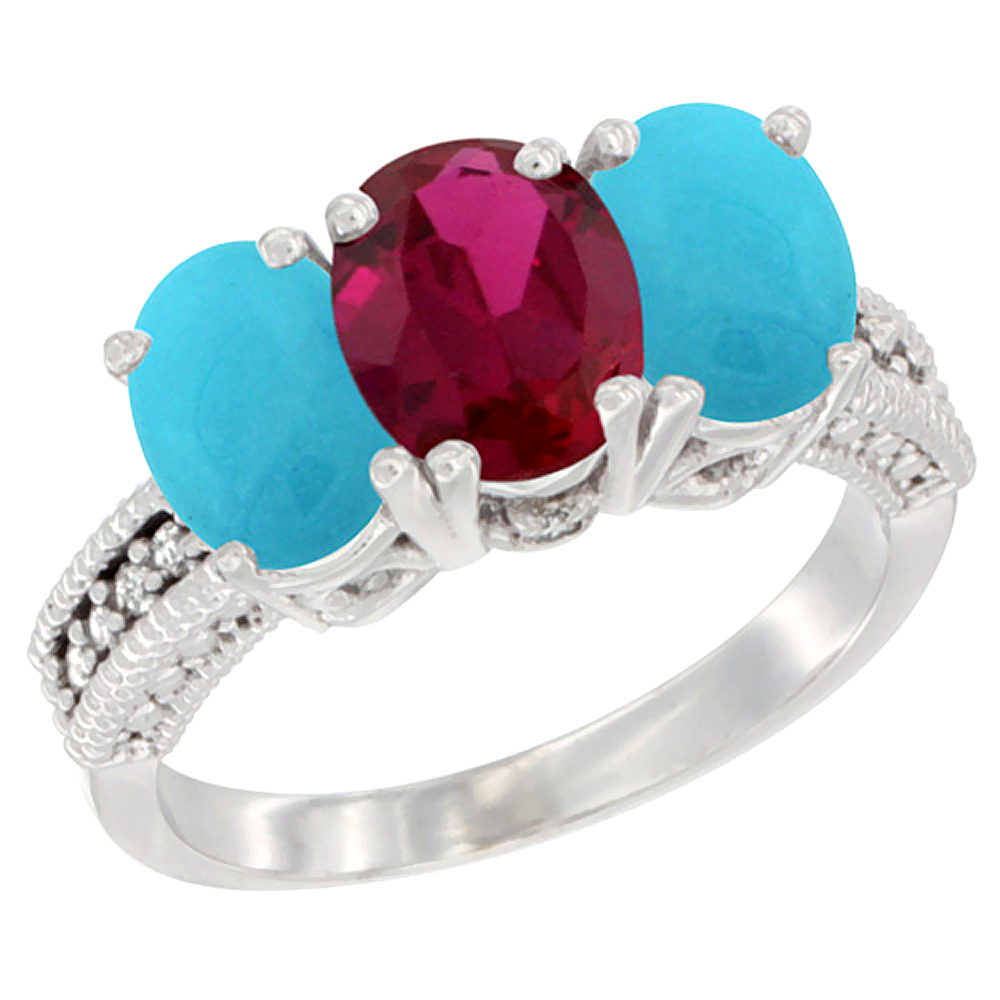 14K White Gold Enhanced Ruby & Natural Turquoise Sides Ring 3-Stone 7x5 mm Oval Diamond Accent, sizes 5 - 10