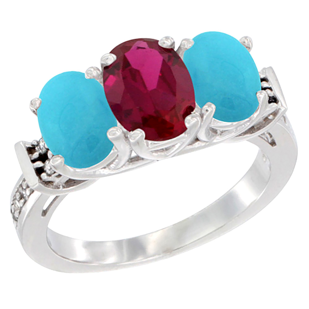 10K White Gold Enhanced Ruby &amp; Turquoise Sides Ring 3-Stone Oval Diamond Accent, sizes 5 - 10