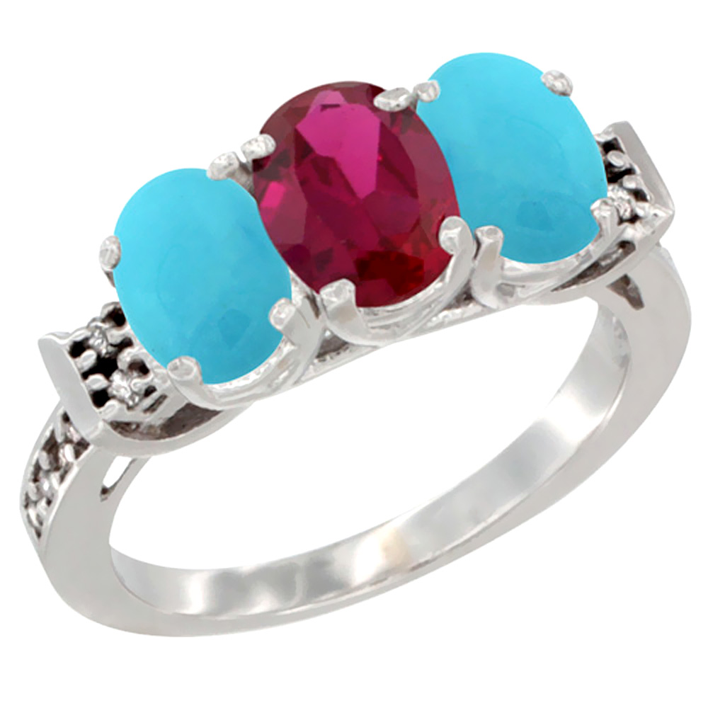 14K White Gold Enhanced Ruby & Natural Turquoise Sides Ring 3-Stone Oval 7x5 mm Diamond Accent, sizes 5 - 10
