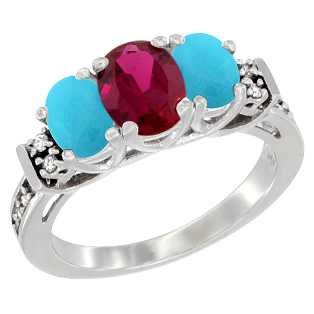 10K White Gold Natural Quality Ruby &amp; Turquoise 3-stone Mothers Ring Oval Diamond Accent, size 5-10