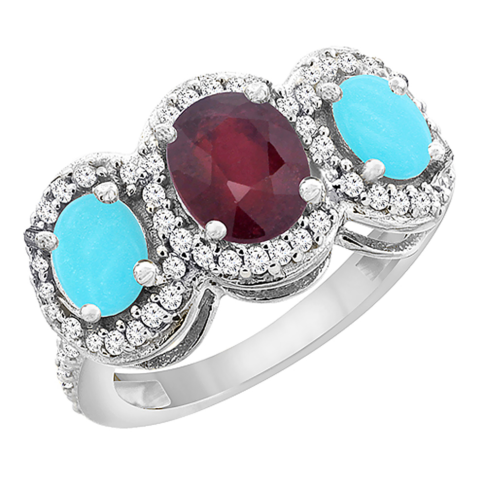 14K White Gold Natural Quality Ruby &amp; Turquoise 3-stone Mothers Ring Oval Diamond Accent, size 5 - 10
