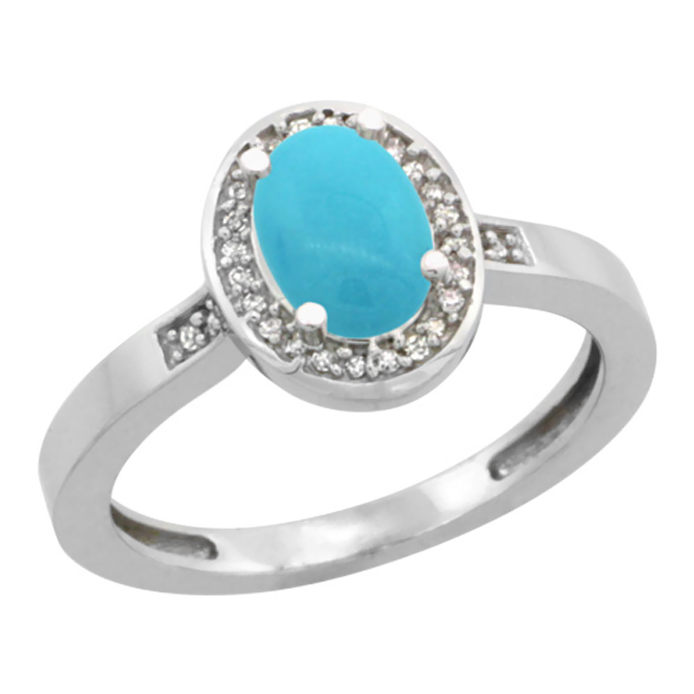 10K White Gold Natural Diamond Sleeping Beauty Turquoise Engagement Ring Oval 7x5mm, sizes 5-10