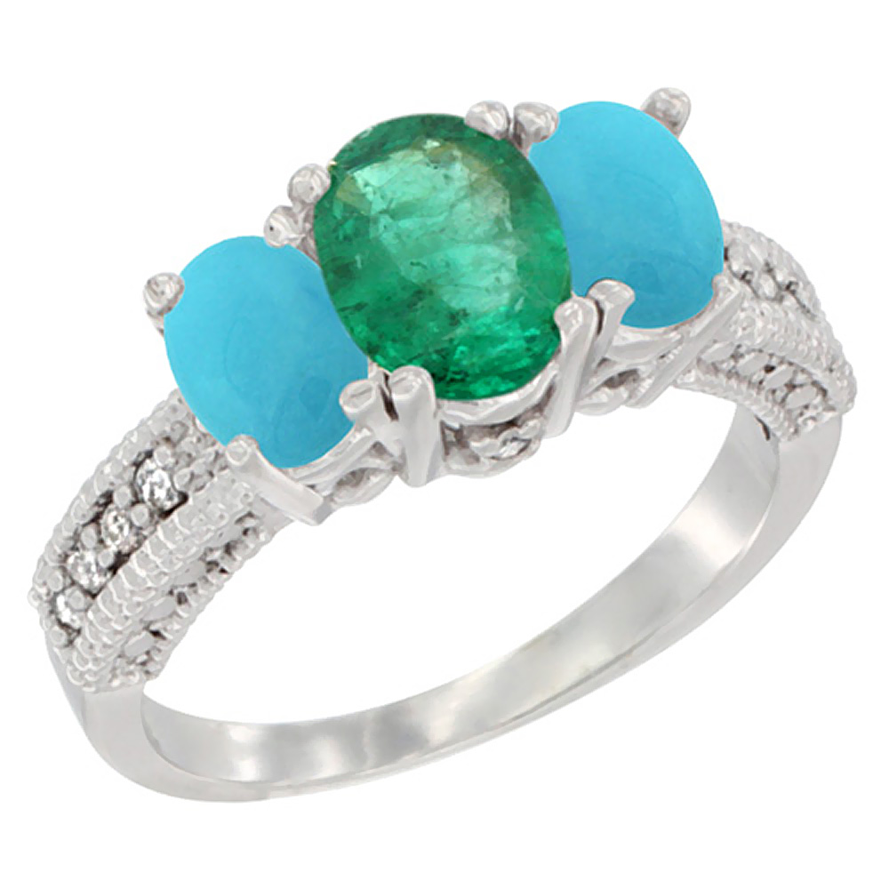 14K White Gold Diamond Natural Emerald Ring Oval 3-stone with Turquoise, sizes 5 - 10