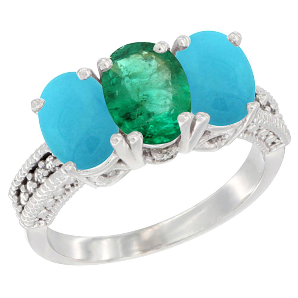 14K White Gold Natural Emerald &amp; Turquoise Sides Ring 3-Stone 7x5 mm Oval Diamond Accent, sizes 5 - 10