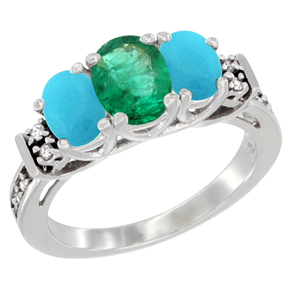 14K White Gold Natural Emerald &amp; Turquoise Ring 3-Stone Oval Diamond Accent, sizes 5-10