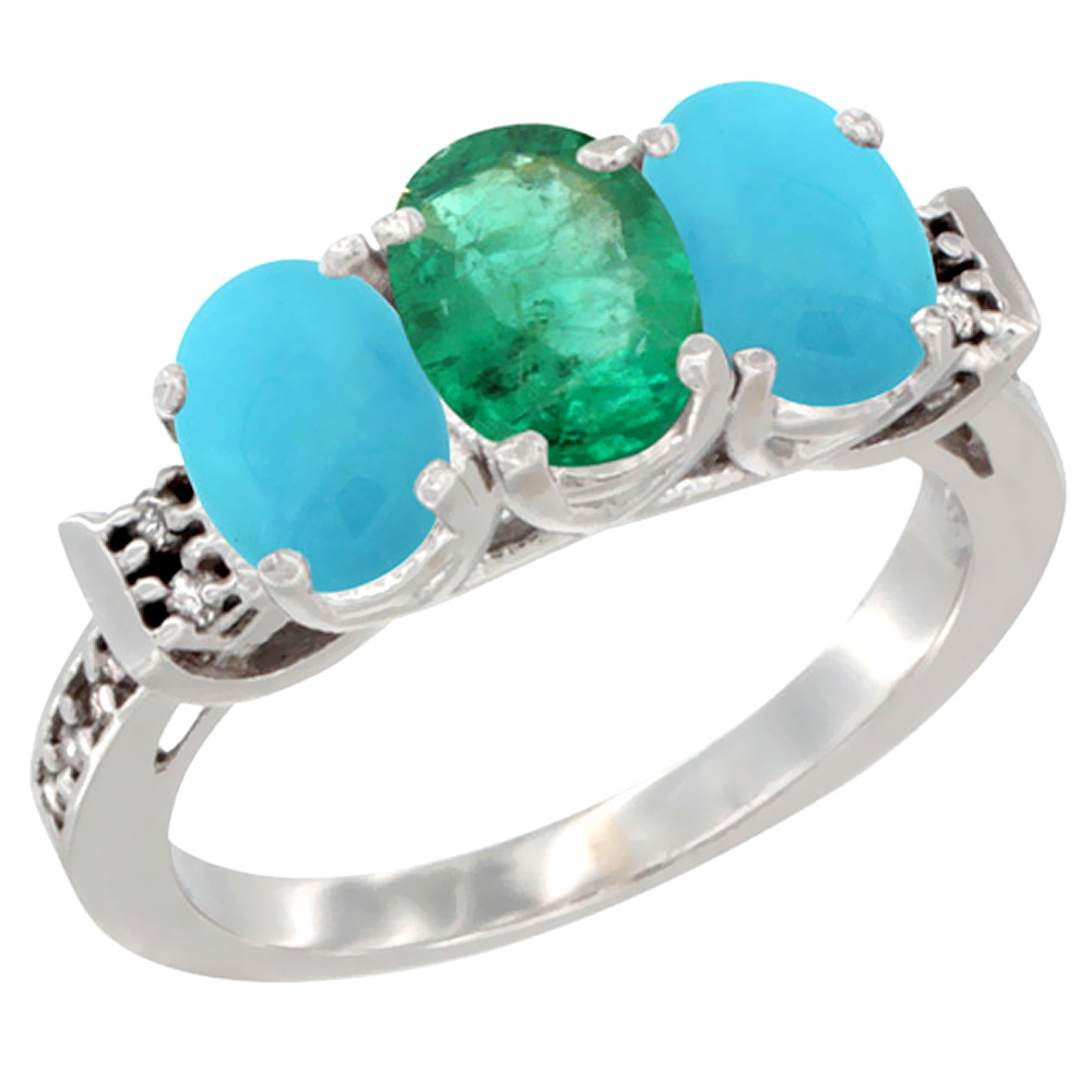10K White Gold Natural Emerald &amp; Turquoise Sides Ring 3-Stone Oval 7x5 mm Diamond Accent, sizes 5 - 10
