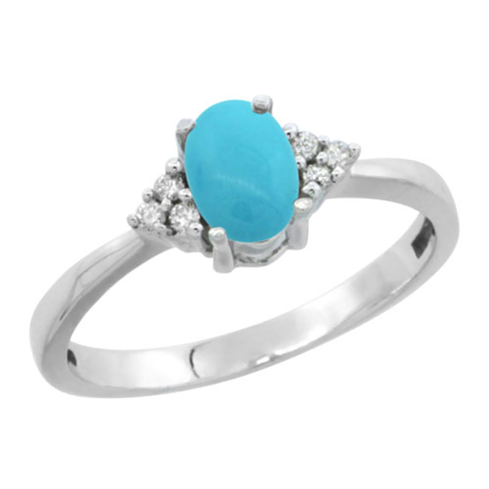14K White Gold Natural Turquoise Ring Oval 6x4mm Diamond Accent, sizes 5-10