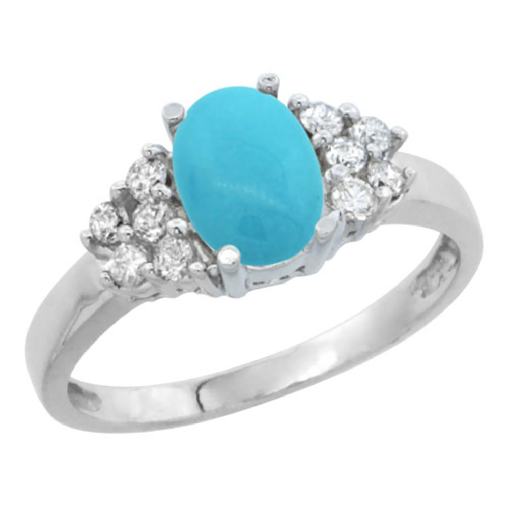 14K White Gold Natural Turquoise Ring Oval 8x6mm Diamond Accent, sizes 5-10