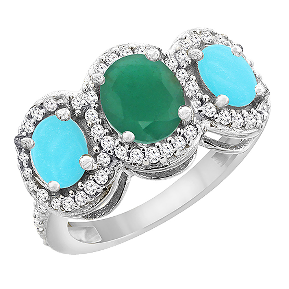 14K White Gold Natural Quality Emerald &amp; Turquoise 3-stone Mothers Ring Oval Diamond Accent, size 5 - 10