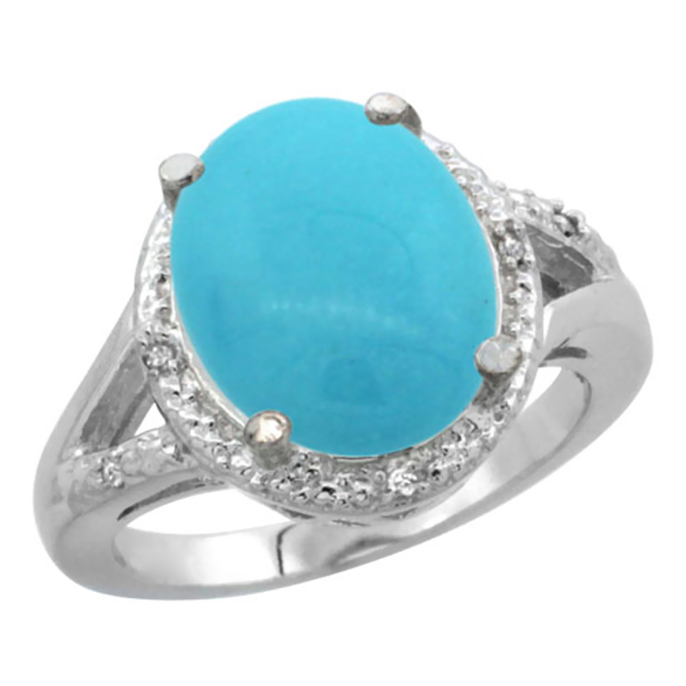 10K White Gold Natural Turquoise Ring Oval 12x10mm Diamond Accent, sizes 5-10