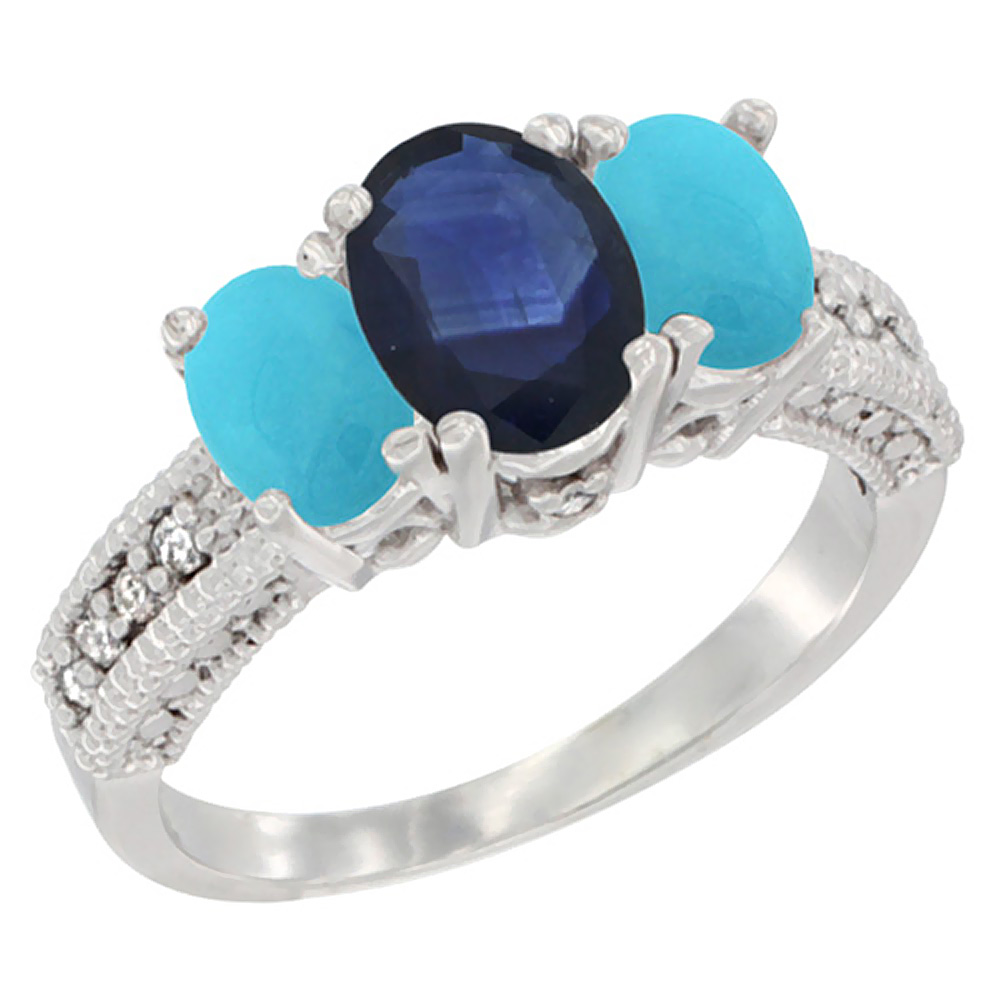14K White Gold Diamond Natural Blue Sapphire Ring Oval 3-stone with Turquoise, sizes 5 - 10