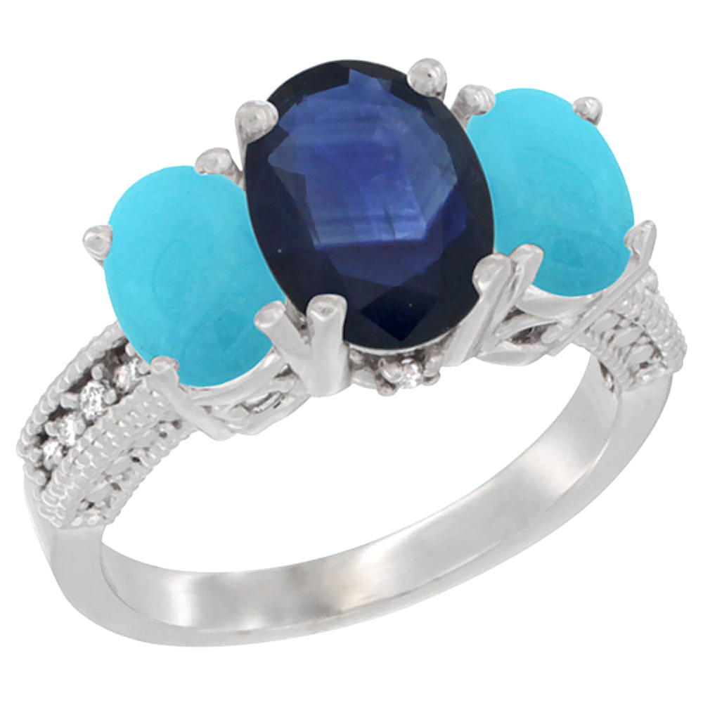 10K White Gold Diamond Natural Blue Sapphire Ring 3-Stone Oval 8x6mm with Turquoise, sizes5-10
