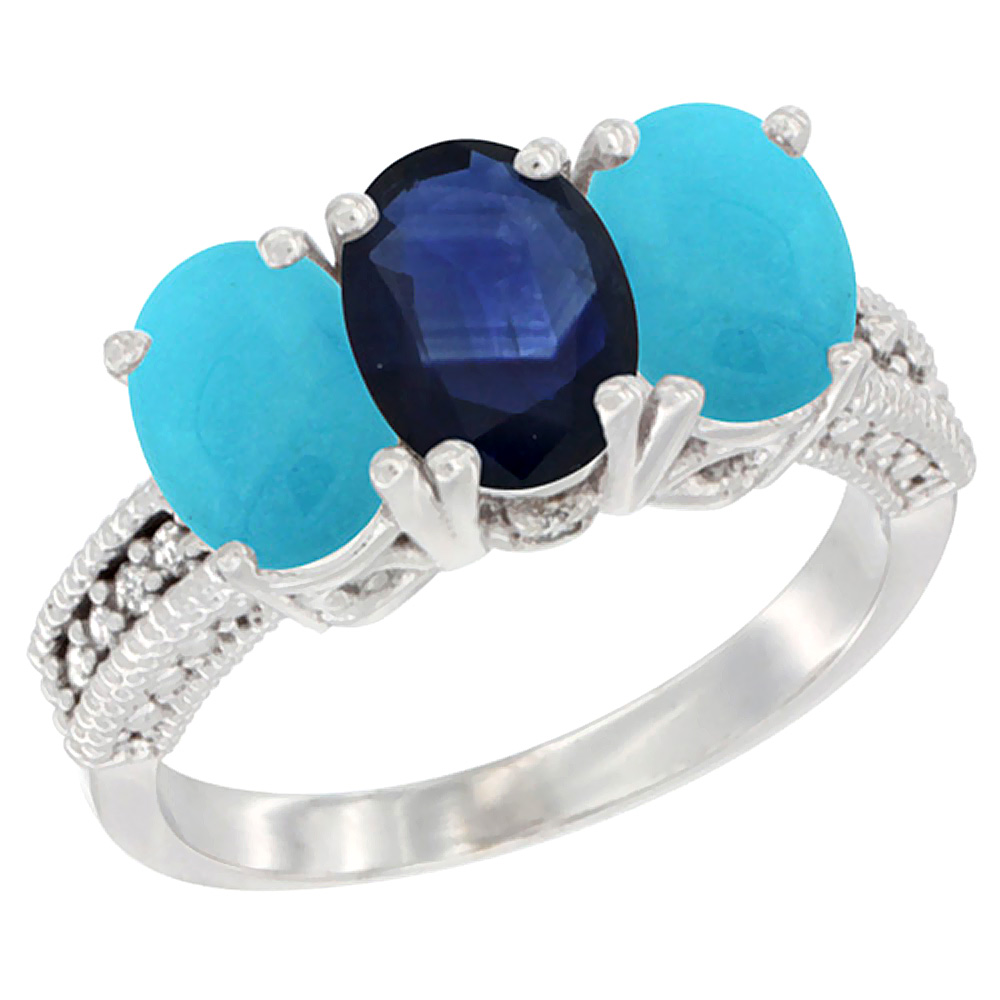 14K White Gold Natural Blue Sapphire & Turquoise Sides Ring 3-Stone 7x5 mm Oval Diamond Accent, sizes 5 - 10
