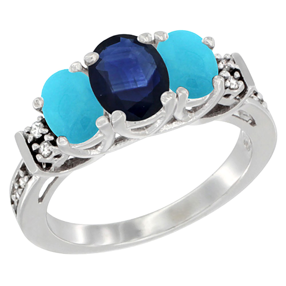 14K White Gold Natural Blue Sapphire &amp; Turquoise Ring 3-Stone Oval Diamond Accent, sizes 5-10