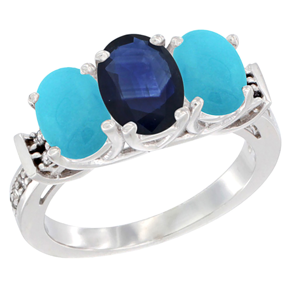 14K White Gold Natural Blue Sapphire & Turquoise Sides Ring 3-Stone Oval Diamond Accent, sizes 5 - 10