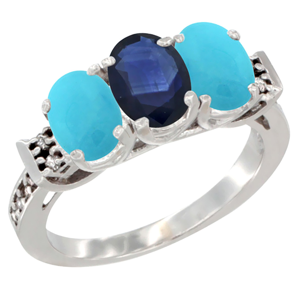 10K White Gold Natural Blue Sapphire &amp; Turquoise Sides Ring 3-Stone Oval 7x5 mm Diamond Accent, sizes 5 - 10