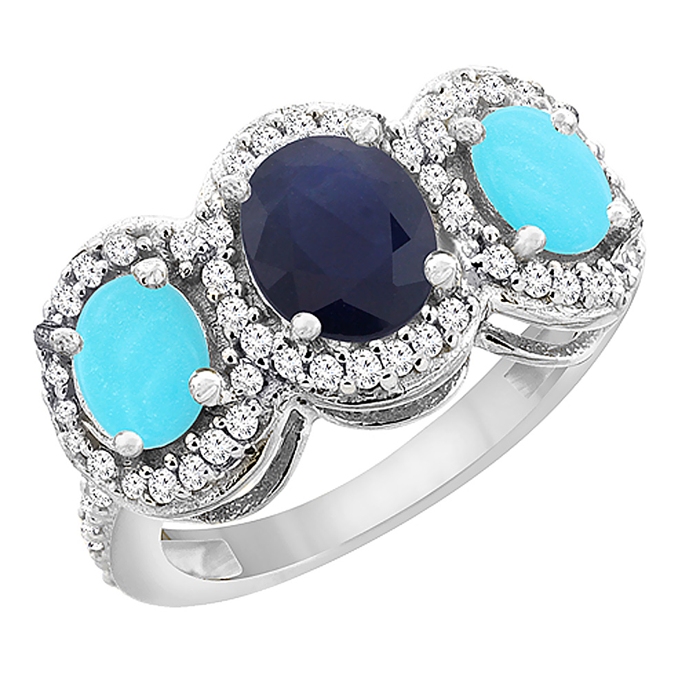 14K White Gold Natural Blue Sapphire & Turquoise 3-Stone Ring Oval Diamond Accent, sizes 5 - 10