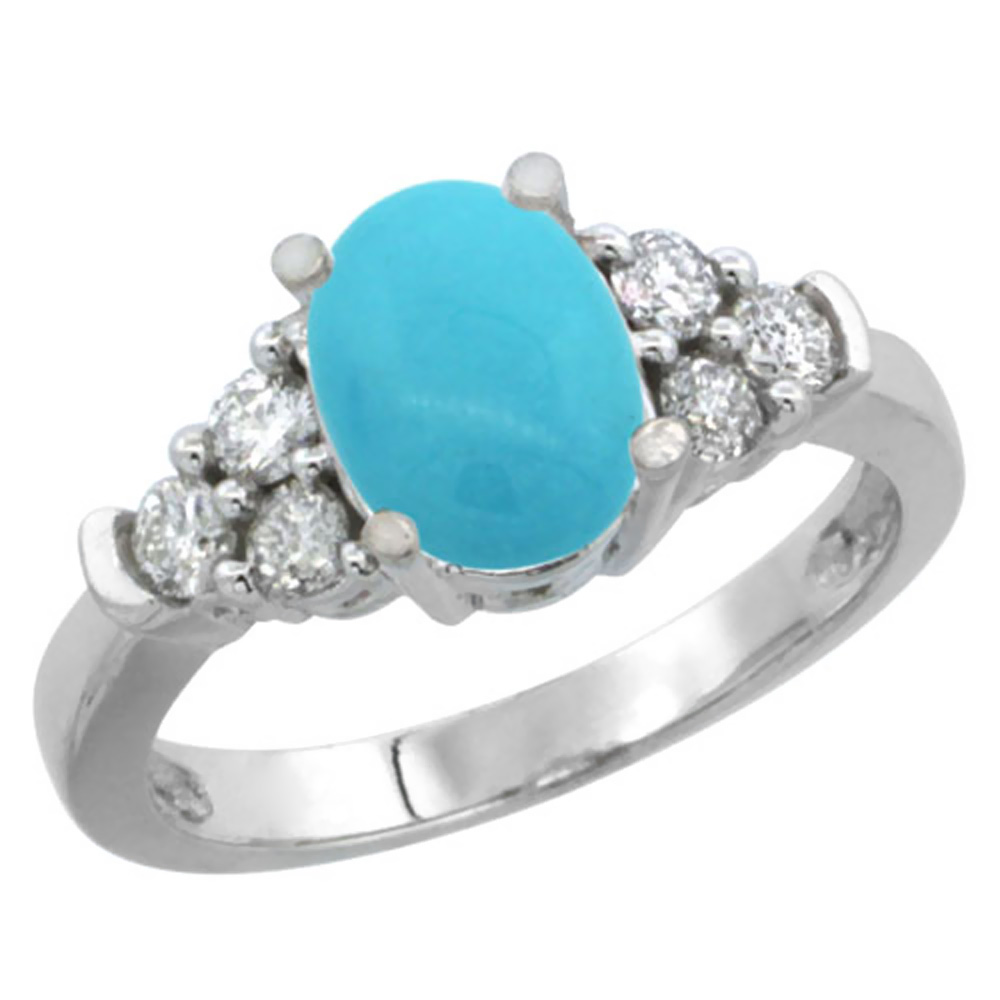14K White Gold Natural Turquoise Ring Oval 9x7mm Diamond Accent, sizes 5-10