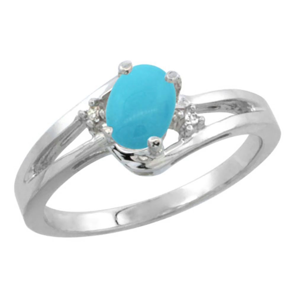 14K White Gold Diamond Natural Turquoise Ring Oval 6x4 mm, sizes 5-10