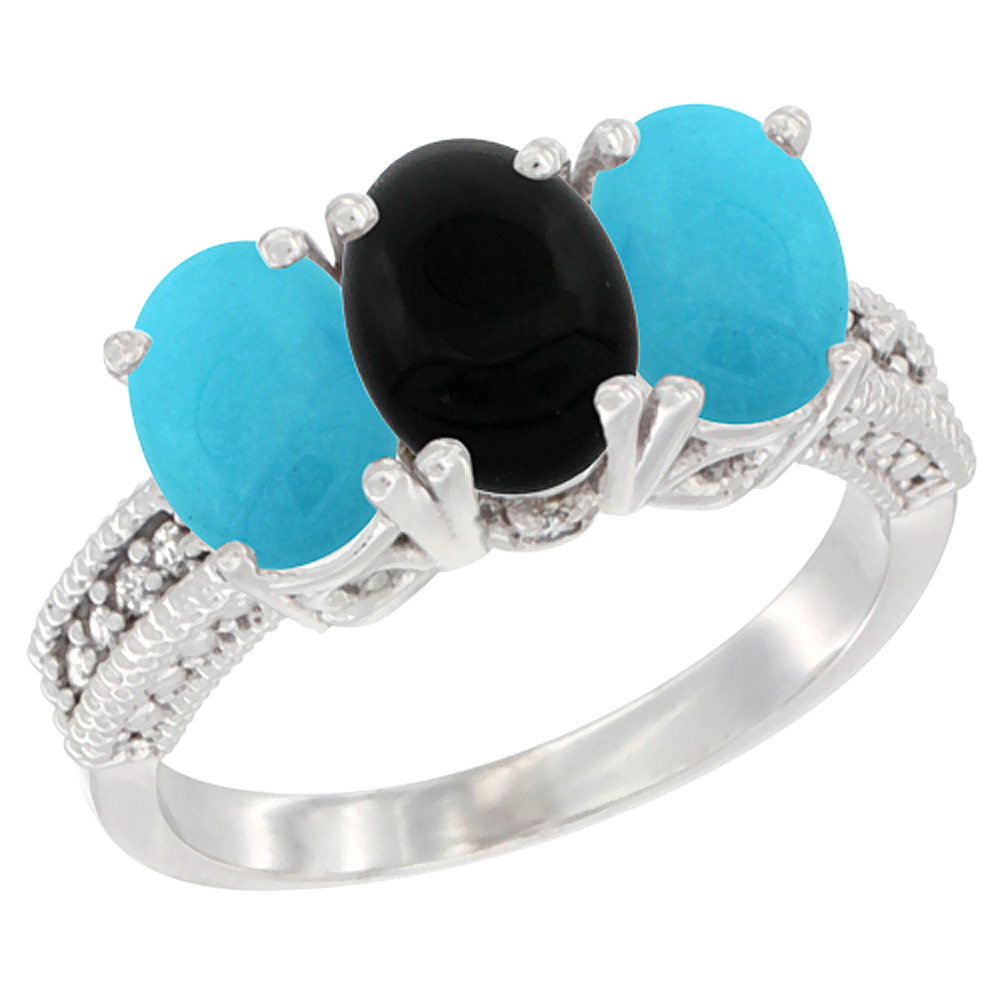 14K White Gold Natural Black Onyx &amp; Turquoise Sides Ring 3-Stone 7x5 mm Oval Diamond Accent, sizes 5 - 10