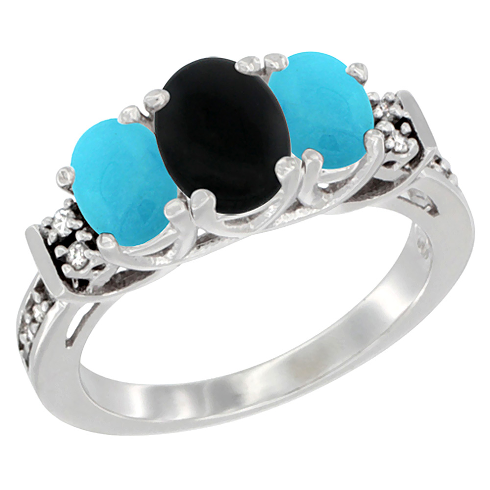 14K White Gold Natural Black Onyx &amp; Turquoise Ring 3-Stone Oval Diamond Accent, sizes 5-10