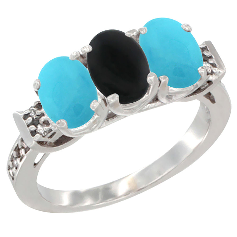10K White Gold Natural Black Onyx &amp; Turquoise Sides Ring 3-Stone Oval 7x5 mm Diamond Accent, sizes 5 - 10