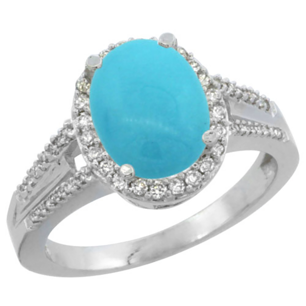 10K White Gold Natural Diamond Sleeping Beauty Turquoise Engagement Ring Oval 10x8mm, sizes 5-10