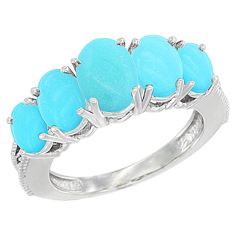 14K White Gold Diamond Natural Turquoise Ring 5-stone Oval 8x6 Ctr,7x5,6x4 sides, sizes 5 - 10