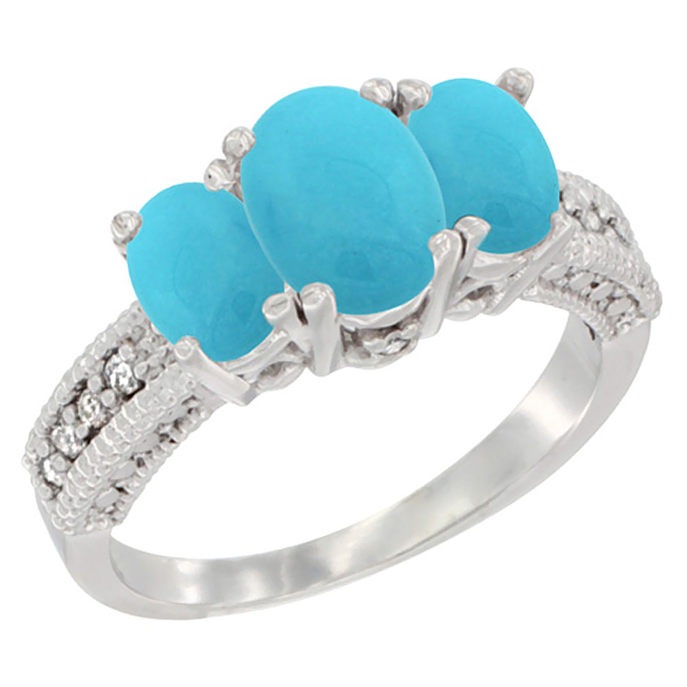 10K White Gold Diamond Natural Turquoise Ring Oval 3-stone, sizes 5 - 10