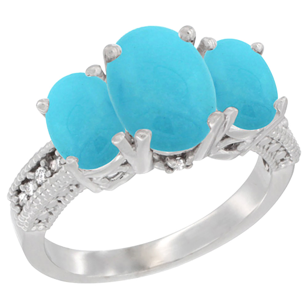 14K White Gold Diamond Natural Turquoise Ring 3-Stone Oval 8x6mm, sizes5-10