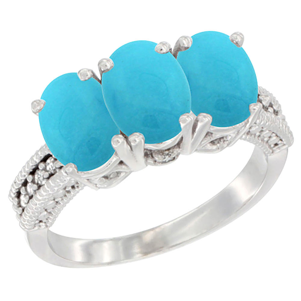 14K White Gold Natural Turquoise Ring 3-Stone 7x5 mm Oval Diamond Accent, sizes 5 - 10