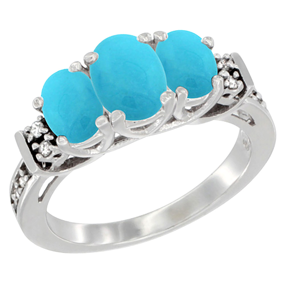 14K White Gold Natural Turquoise Ring 3-Stone Oval Diamond Accent, sizes 5-10