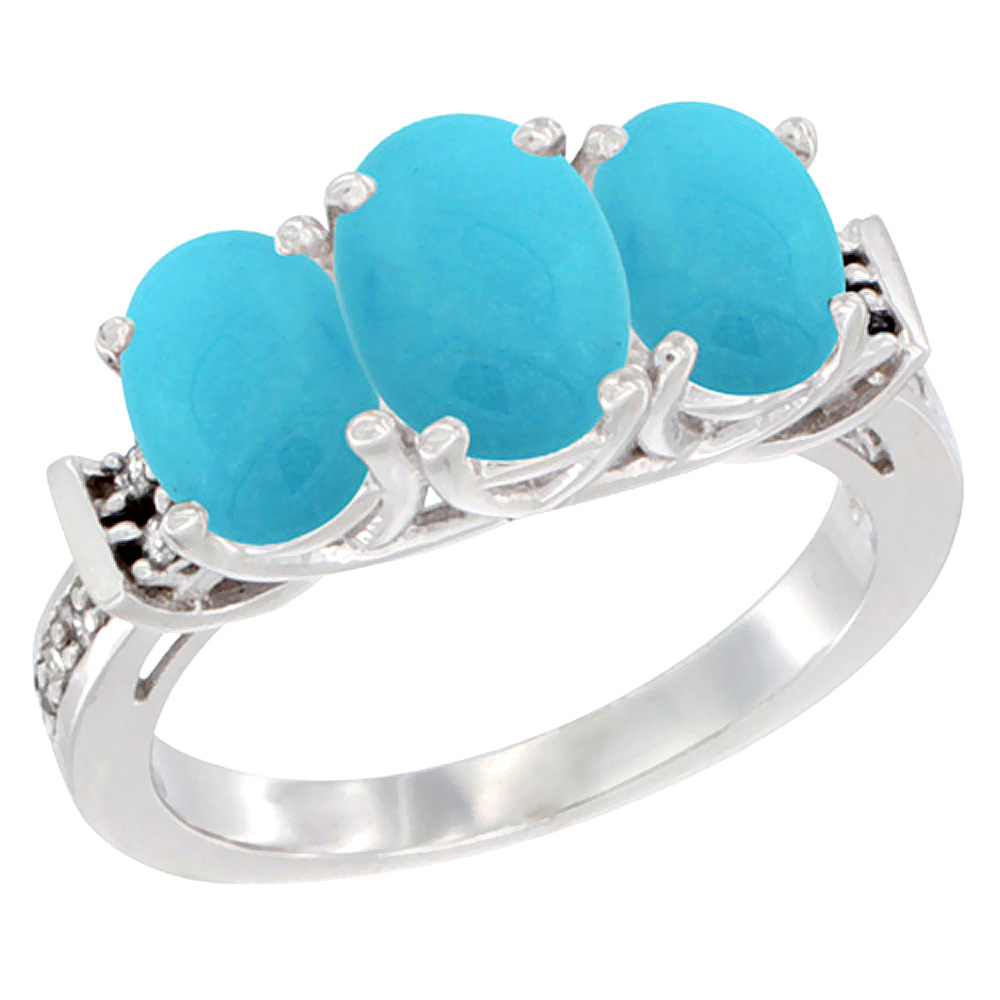 14K White Gold Natural Turquoise Ring 3-Stone Oval Diamond Accent, sizes 5 - 10