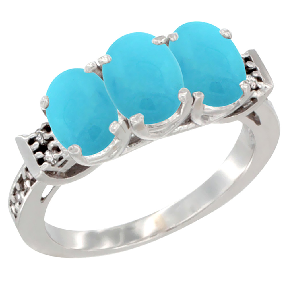 10K White Gold Natural Turquoise Ring 3-Stone Oval 7x5 mm Diamond Accent, sizes 5 - 10