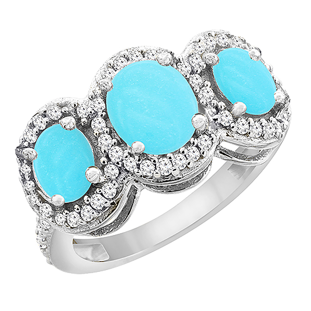 10K White Gold Natural Turquoise 3-Stone Ring Oval Diamond Accent, sizes 5 - 10