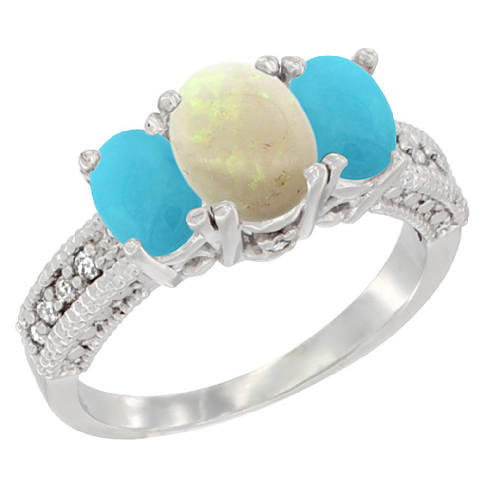 10K White Gold Diamond Natural Opal Ring Oval 3-stone with Turquoise, sizes 5 - 10