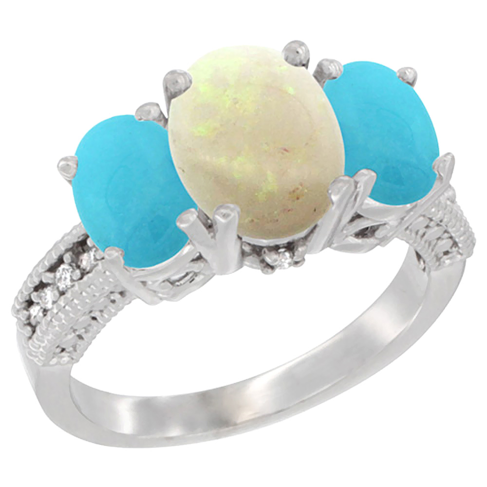 10K White Gold Diamond Natural Opal Ring 3-Stone Oval 8x6mm with Turquoise, sizes5-10