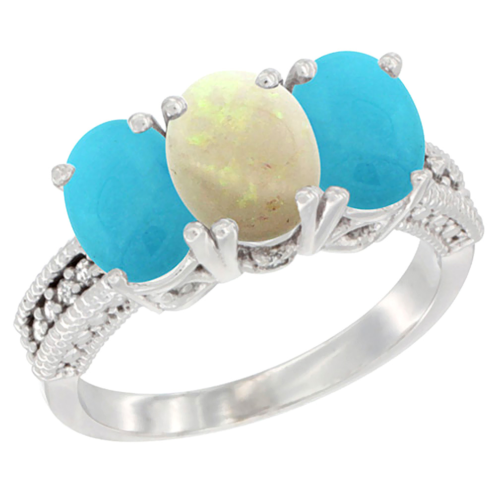 14K White Gold Natural Opal &amp; Turquoise Sides Ring 3-Stone 7x5 mm Oval Diamond Accent, sizes 5 - 10