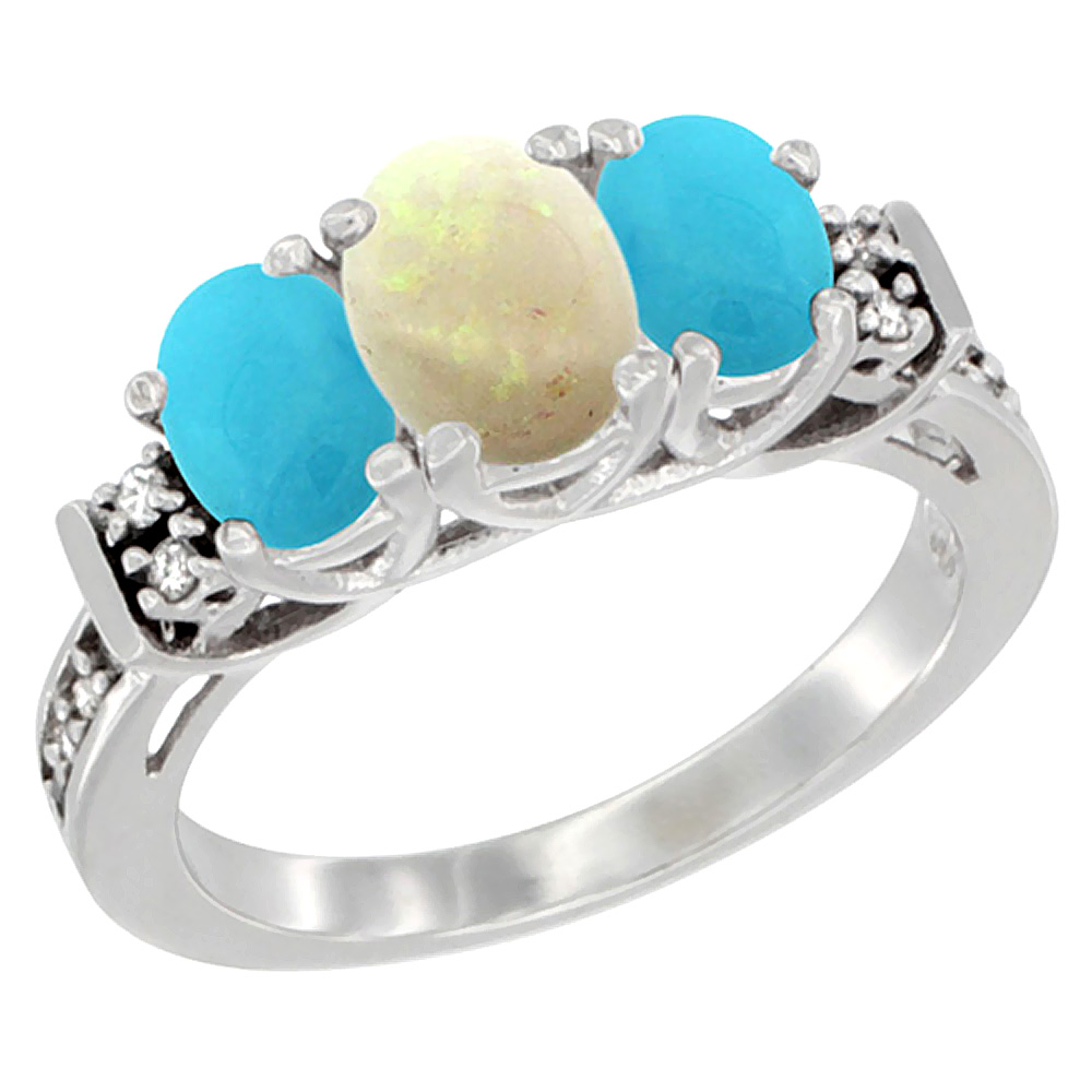 14K White Gold Natural Opal &amp; Turquoise Ring 3-Stone Oval Diamond Accent, sizes 5-10