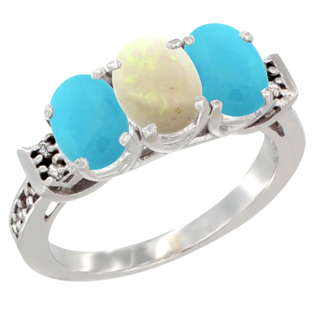 14K White Gold Natural Opal &amp; Turquoise Sides Ring 3-Stone Oval 7x5 mm Diamond Accent, sizes 5 - 10