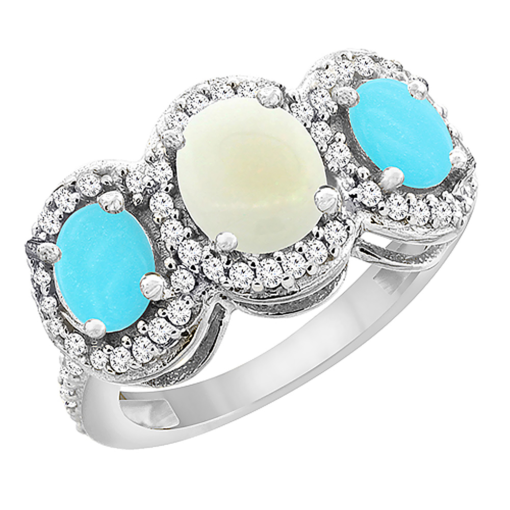 14K White Gold Natural Opal &amp; Turquoise 3-Stone Ring Oval Diamond Accent, sizes 5 - 10