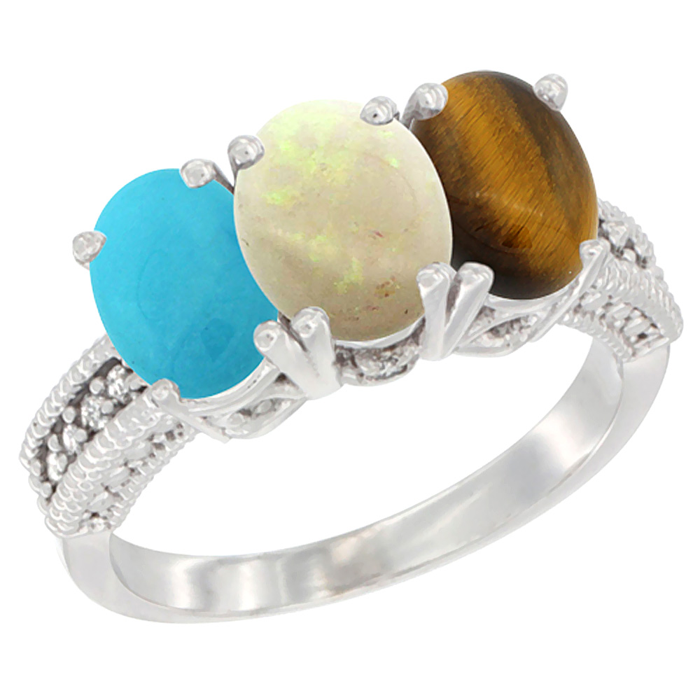 14K White Gold Natural Turquoise, Opal &amp; Tiger Eye Ring 3-Stone 7x5 mm Oval Diamond Accent, sizes 5 - 10