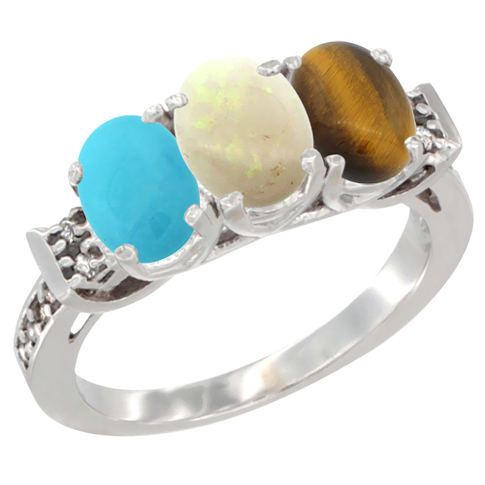 10K White Gold Natural Turquoise, Opal &amp; Tiger Eye Ring 3-Stone Oval 7x5 mm Diamond Accent, sizes 5 - 10
