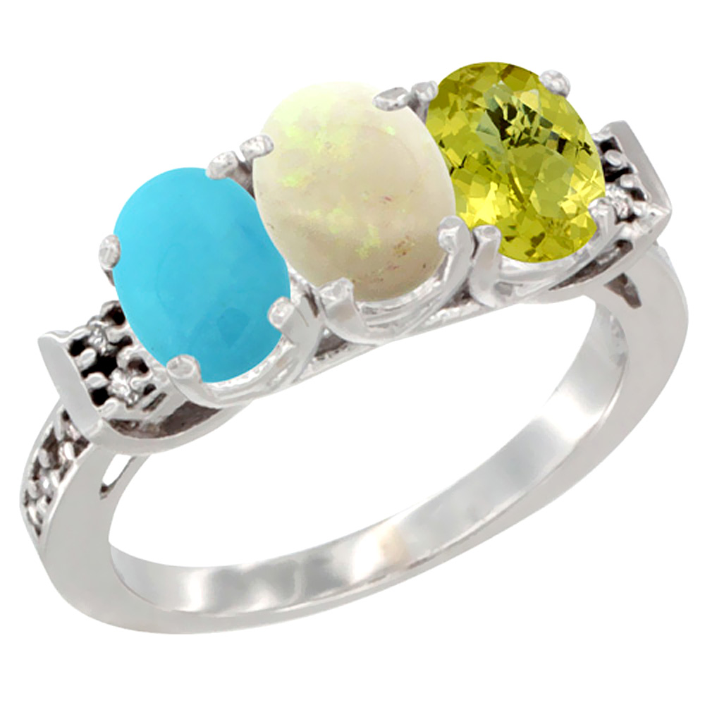 14K White Gold Natural Turquoise, Opal & Lemon Quartz Ring 3-Stone Oval 7x5 mm Diamond Accent, sizes 5 - 10