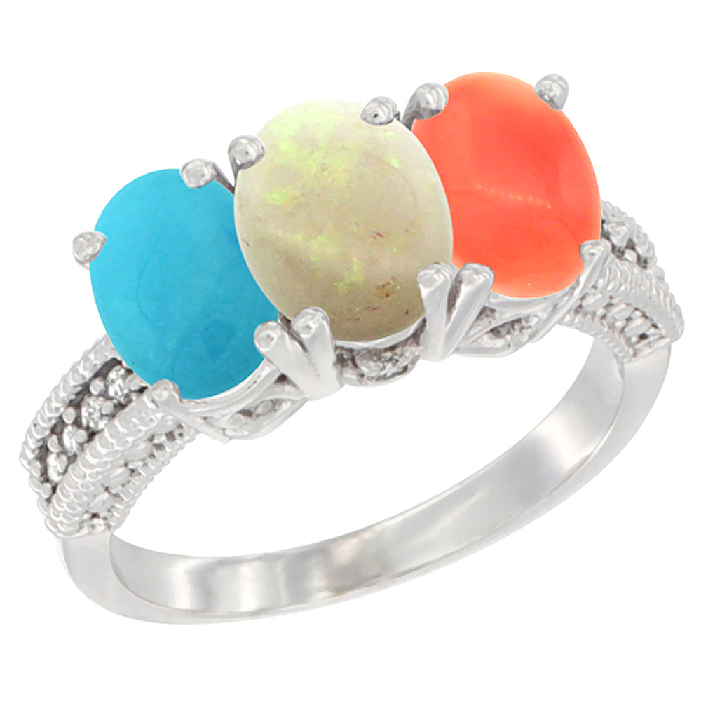 14K White Gold Natural Turquoise, Opal & Coral Ring 3-Stone 7x5 mm Oval Diamond Accent, sizes 5 - 10
