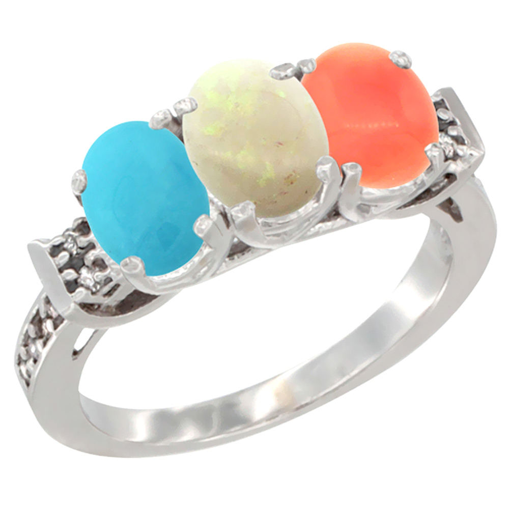 10K White Gold Natural Turquoise, Opal &amp; Coral Ring 3-Stone Oval 7x5 mm Diamond Accent, sizes 5 - 10