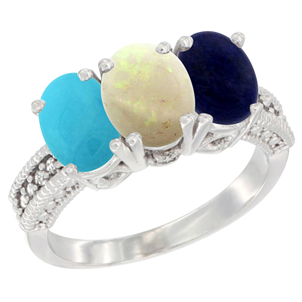 14K White Gold Natural Turquoise, Opal &amp; Lapis Ring 3-Stone 7x5 mm Oval Diamond Accent, sizes 5 - 10