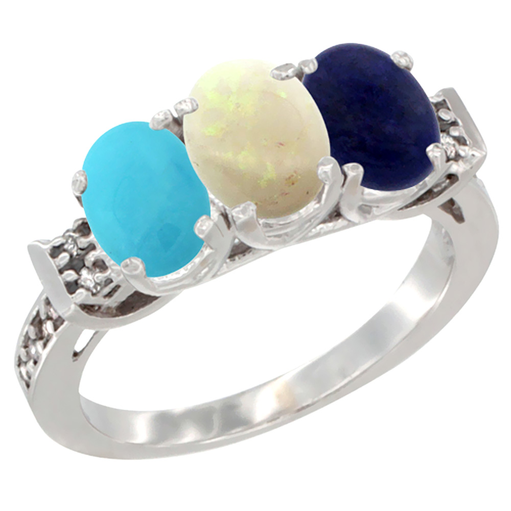 10K White Gold Natural Turquoise, Opal & Lapis Ring 3-Stone Oval 7x5 mm Diamond Accent, sizes 5 - 10